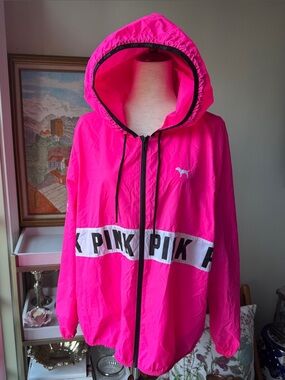 PINK Victoria's Secret Neon Pink Hooded Windbreaker with White Logo Stripe